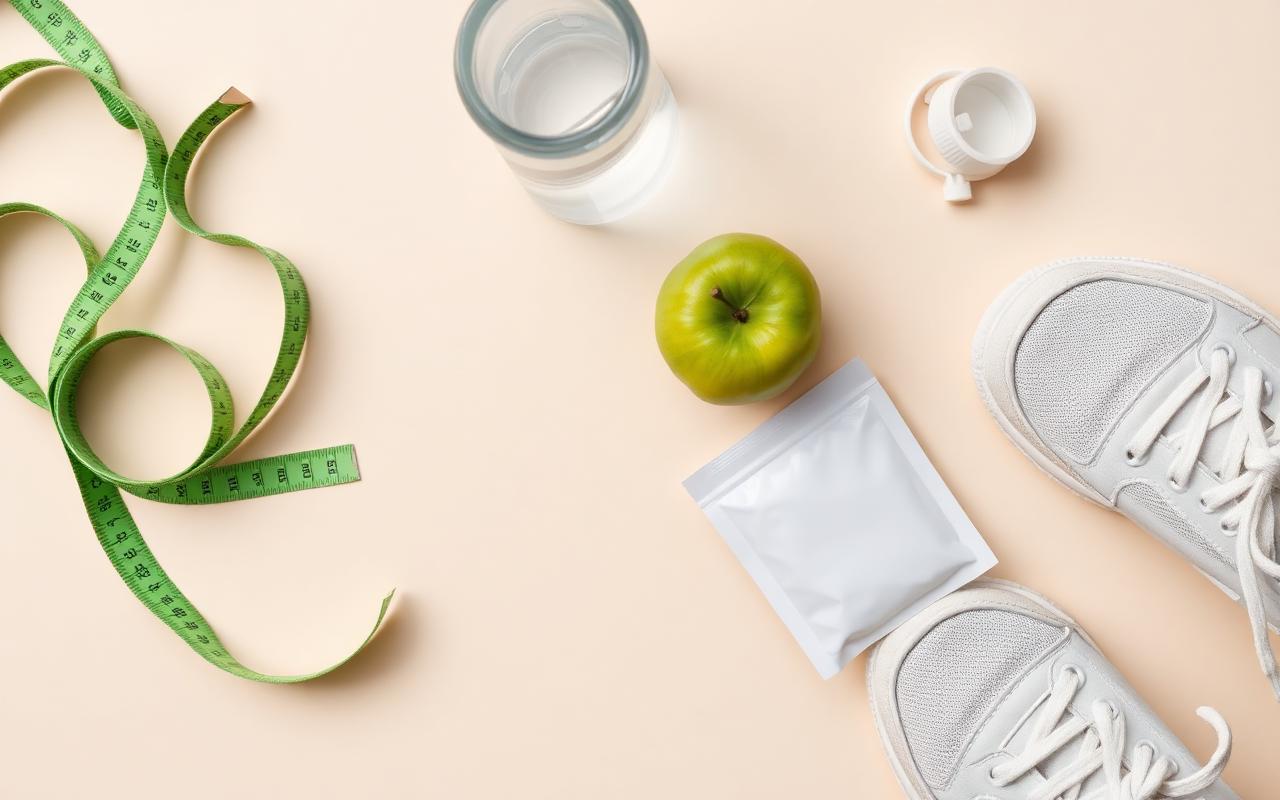 Cellunax weight loss lifestyle — measuring tape, apple, water and patch pouch